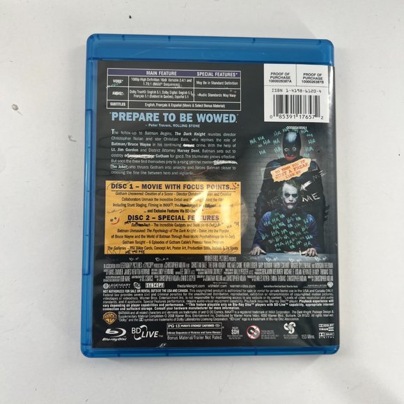 The Dark Knight Heath Ledger Blu-Ray DVD Rated PG-13 No Scratches Like New - Picture 4 of 4
